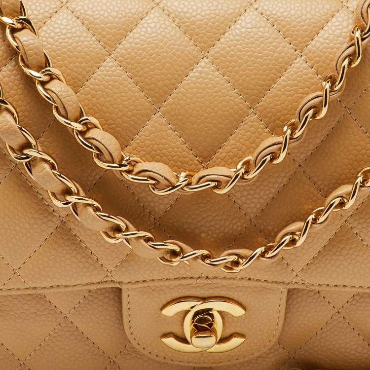 Pre Owned Chanel Beige Quilted Caviar Leather Medium Classic Double Flap Bag