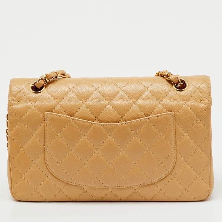 Pre Owned Chanel Beige Quilted Caviar Leather Medium Classic Double Flap Bag