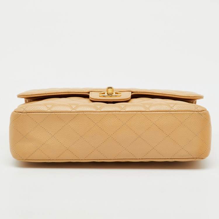 Pre Owned Chanel Beige Quilted Caviar Leather Medium Classic Double Flap Bag