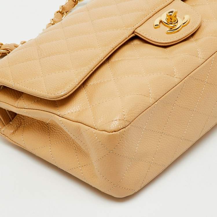 Pre Owned Chanel Beige Quilted Caviar Leather Medium Classic Double Flap Bag