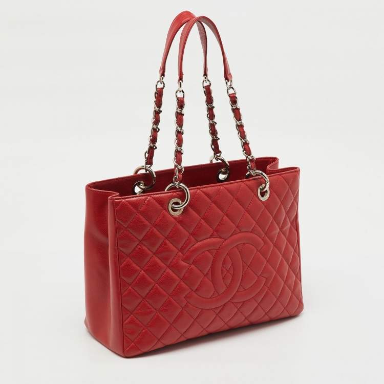 Pre Owned Chanel Red Quilted Caviar Leather GST Shopper Tote