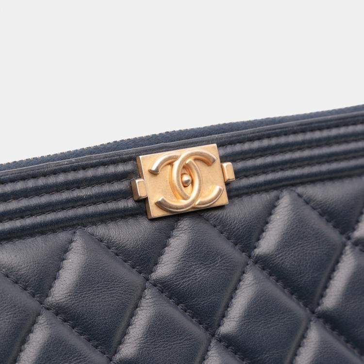 Pre Owned Chanel Navy Blue Medium Quilted Lambskin Boy O Case Clutch