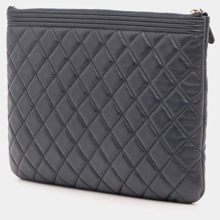 Pre Owned Chanel Navy Blue Medium Quilted Lambskin Boy O Case Clutch