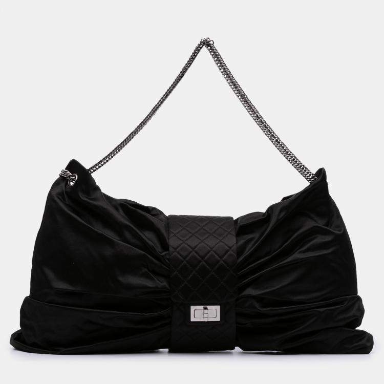 Pre Owned Chanel Black Large Satin Bow Mademoiselle Shoulder Bag