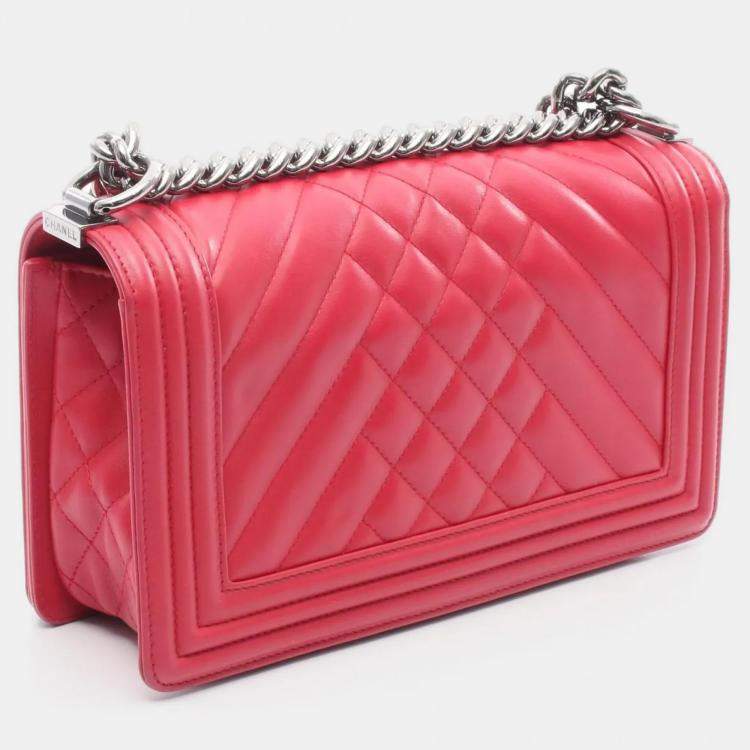 Pre Owned Chanel Boy Red Lambskin Leather Shoulder Bag