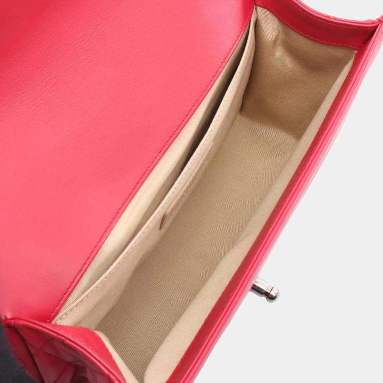 Pre Owned Chanel Boy Red Lambskin Leather Shoulder Bag