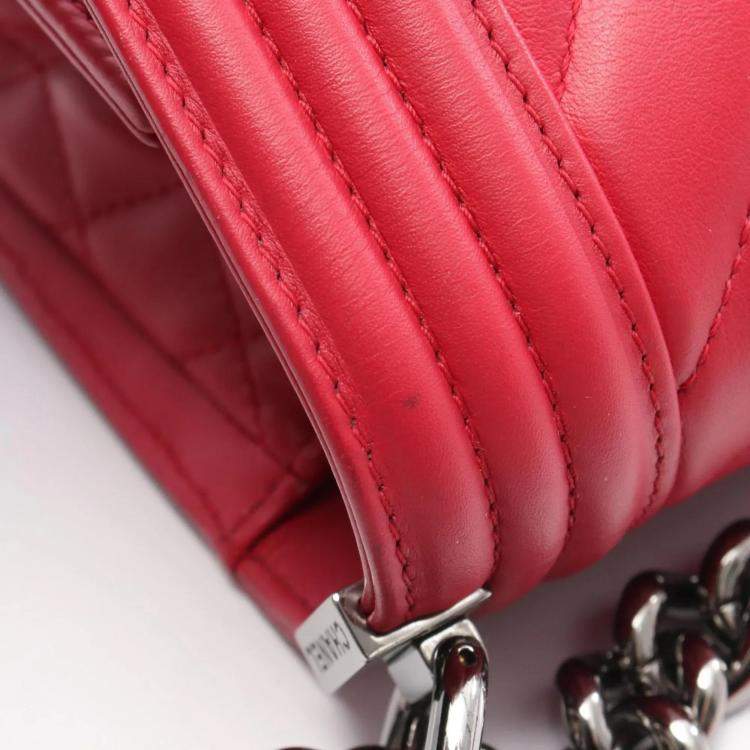 Pre Owned Chanel Boy Red Lambskin Leather Shoulder Bag
