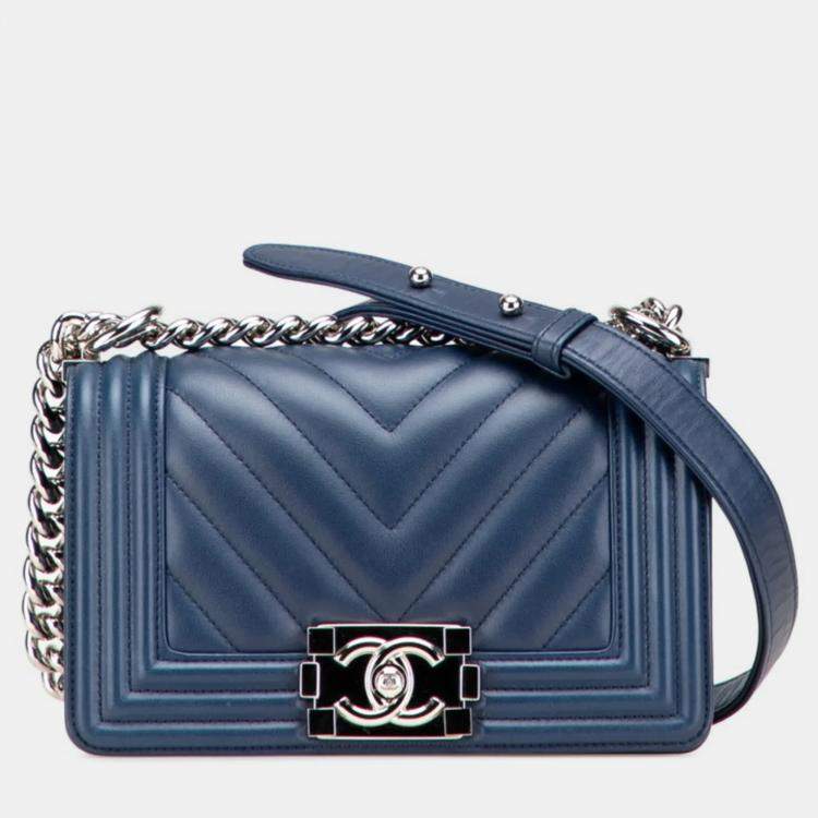 Pre Owned Chanel Boy V-Stitch Blue Lambskin Leather Shoulder Bag