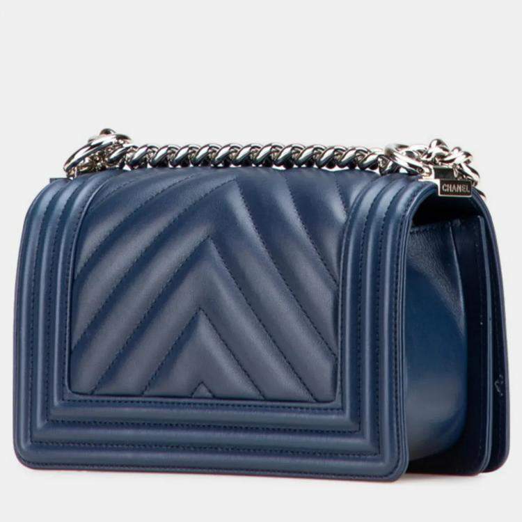 Pre Owned Chanel Boy V-Stitch Blue Lambskin Leather Shoulder Bag
