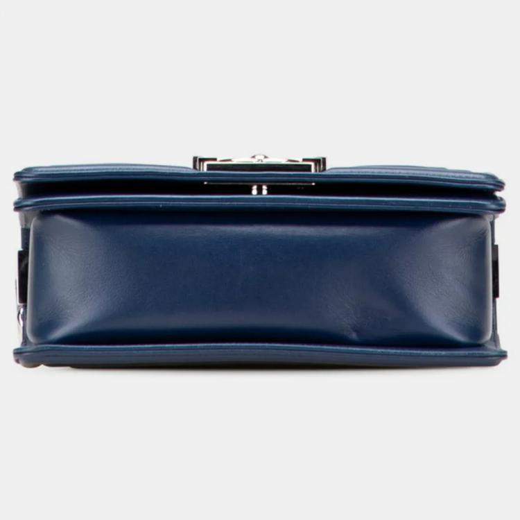 Pre Owned Chanel Boy V-Stitch Blue Lambskin Leather Shoulder Bag