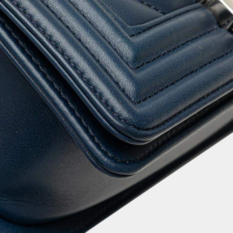 Pre Owned Chanel Boy V-Stitch Blue Lambskin Leather Shoulder Bag