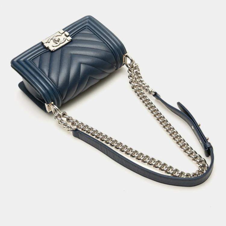 Pre Owned Chanel Boy V-Stitch Blue Lambskin Leather Shoulder Bag