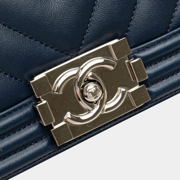 Pre Owned Chanel Boy V-Stitch Blue Lambskin Leather Shoulder Bag