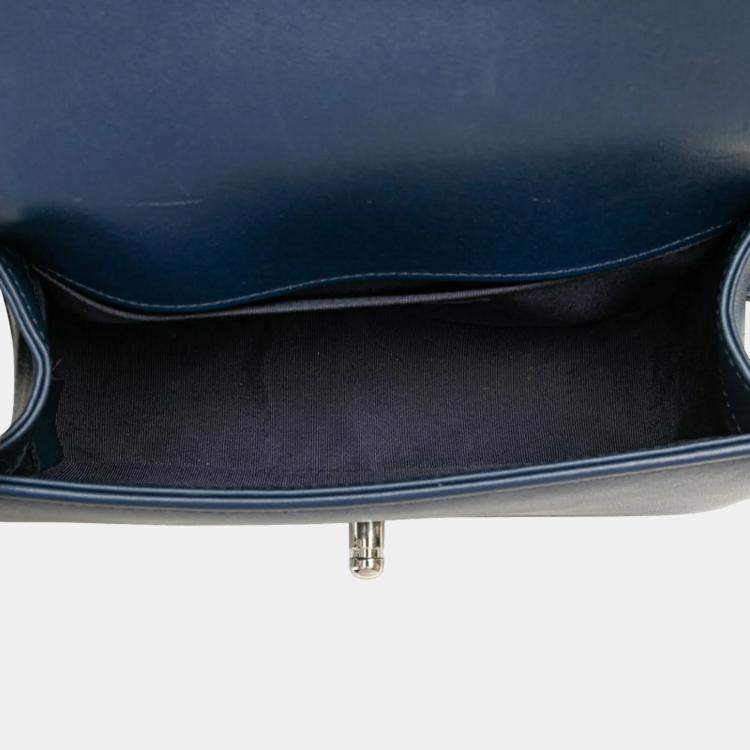 Pre Owned Chanel Boy V-Stitch Blue Lambskin Leather Shoulder Bag