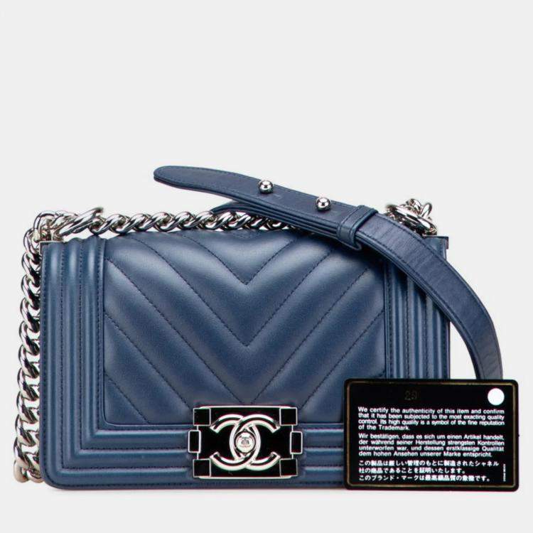 Pre Owned Chanel Boy V-Stitch Blue Lambskin Leather Shoulder Bag