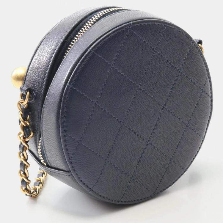 Pre Owned Chanel Matelasse Round Mini Navy Blue Lambskin Leather Shoulder Bag