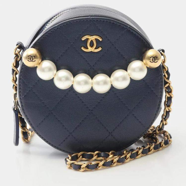 Pre Owned Chanel Matelasse Round Mini Navy Blue Lambskin Leather Shoulder Bag