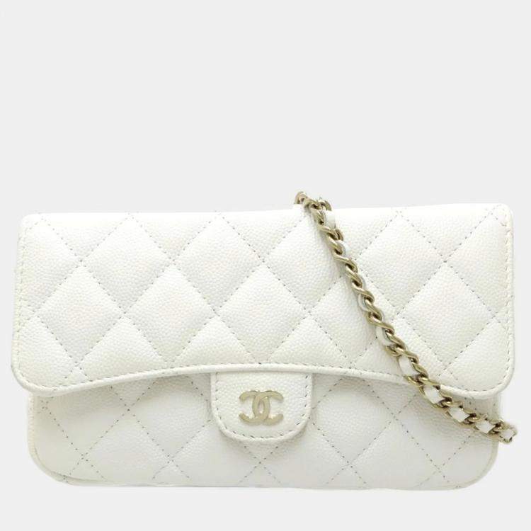 Pre Owned Chanel Flap Phone Case White Caviar Leather Wallet On Chain 