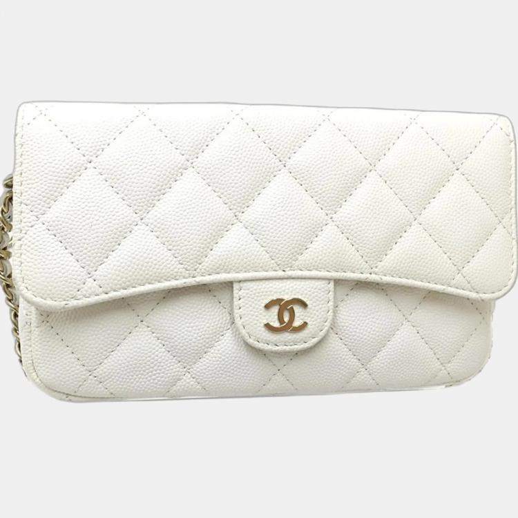 Pre Owned Chanel Flap Phone Case White Caviar Leather Wallet On Chain 