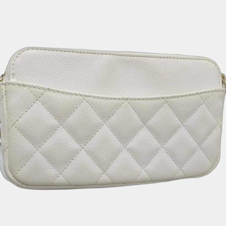 Pre Owned Chanel Flap Phone Case White Caviar Leather Wallet On Chain 