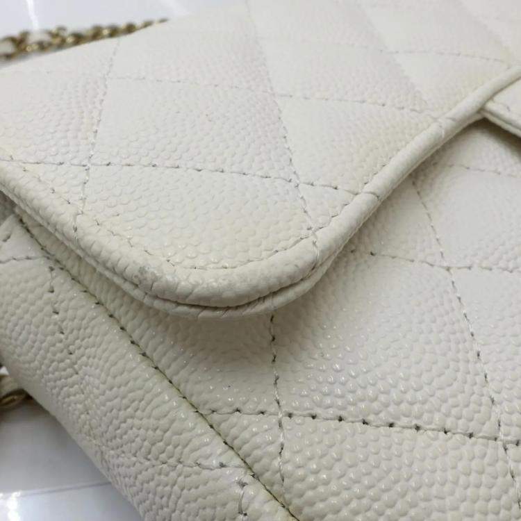 Pre Owned Chanel Flap Phone Case White Caviar Leather Wallet On Chain 