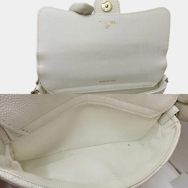 Pre Owned Chanel Flap Phone Case White Caviar Leather Wallet On Chain 