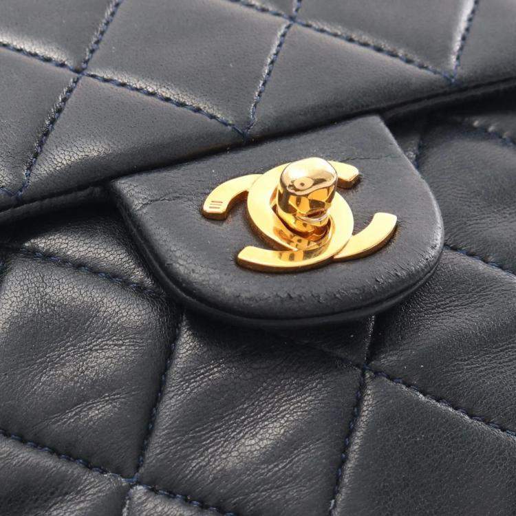 Pre Owned Chanel Mini Matelasse 20 Shoulder Bag Lambskin Navy Blue