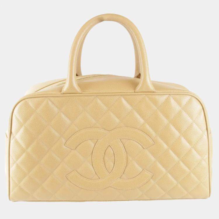 Pre Owned Chanel Coco Mark Beige Caviar Skin Leather Boston Bag