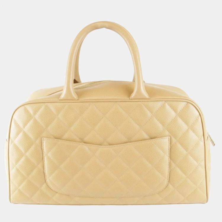 Pre Owned Chanel Coco Mark Beige Caviar Skin Leather Boston Bag