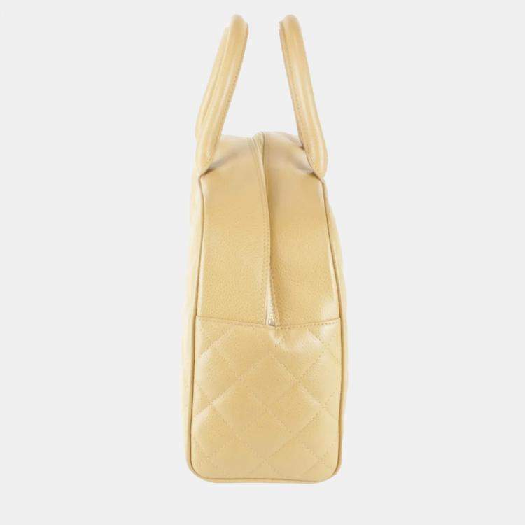 Pre Owned Chanel Coco Mark Beige Caviar Skin Leather Boston Bag