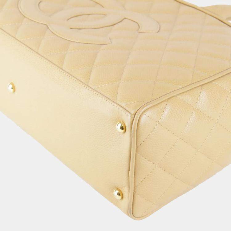 Pre Owned Chanel Coco Mark Beige Caviar Skin Leather Boston Bag