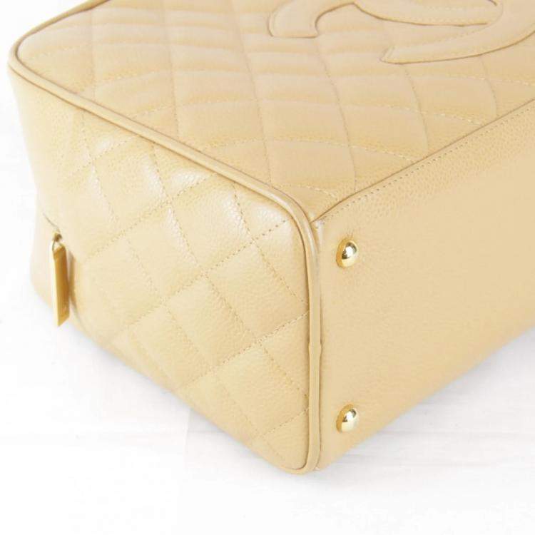 Pre Owned Chanel Coco Mark Beige Caviar Skin Leather Boston Bag
