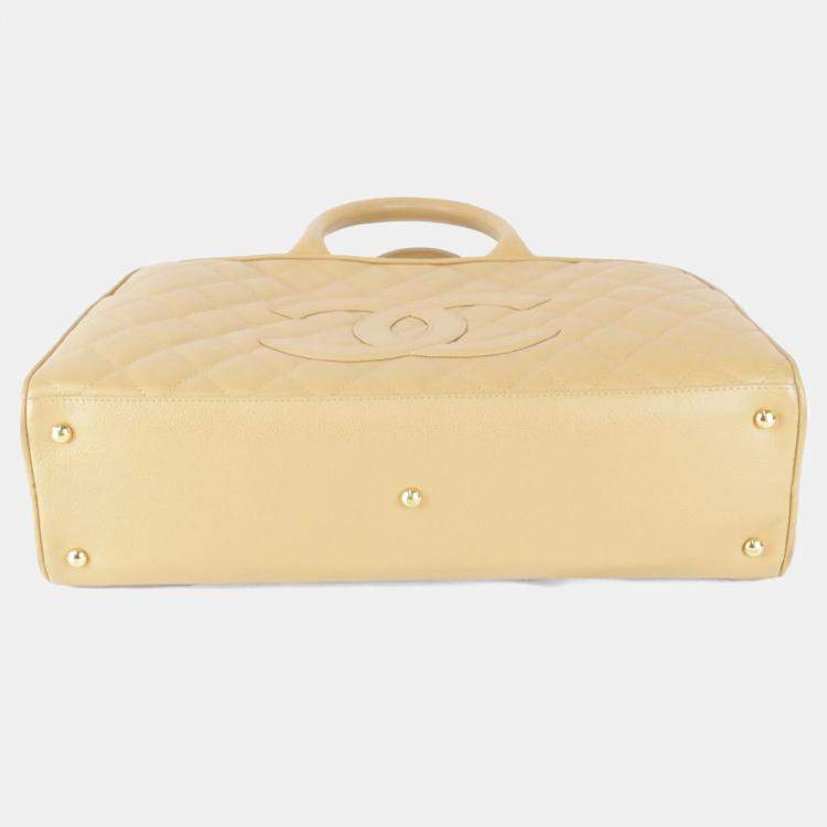 Pre Owned Chanel Coco Mark Beige Caviar Skin Leather Boston Bag