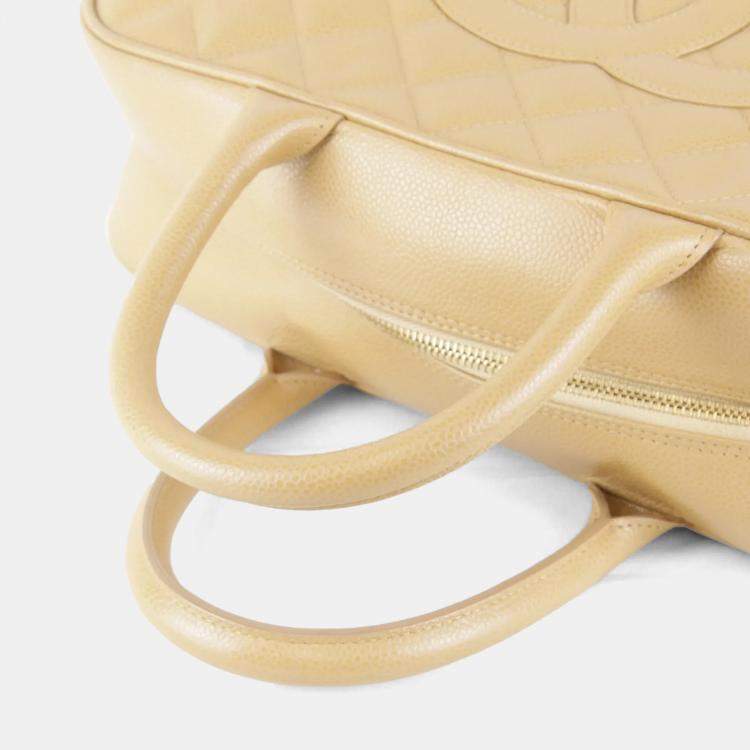 Pre Owned Chanel Coco Mark Beige Caviar Skin Leather Boston Bag