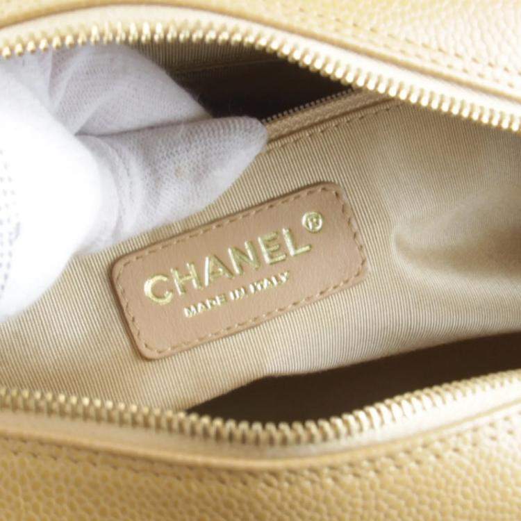 Pre Owned Chanel Coco Mark Beige Caviar Skin Leather Boston Bag