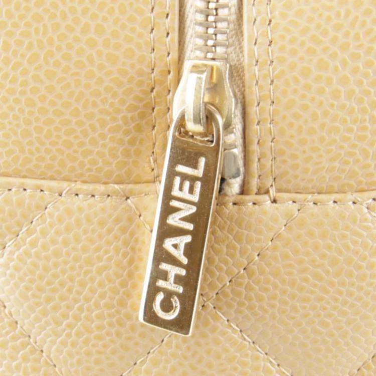 Pre Owned Chanel Coco Mark Beige Caviar Skin Leather Boston Bag