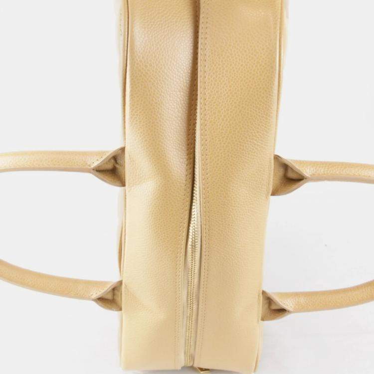 Pre Owned Chanel Coco Mark Beige Caviar Skin Leather Boston Bag