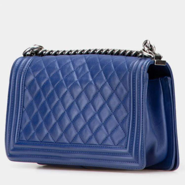 Pre Owned Chanel Boy Blue Lambskin Chain Shoulder Bag