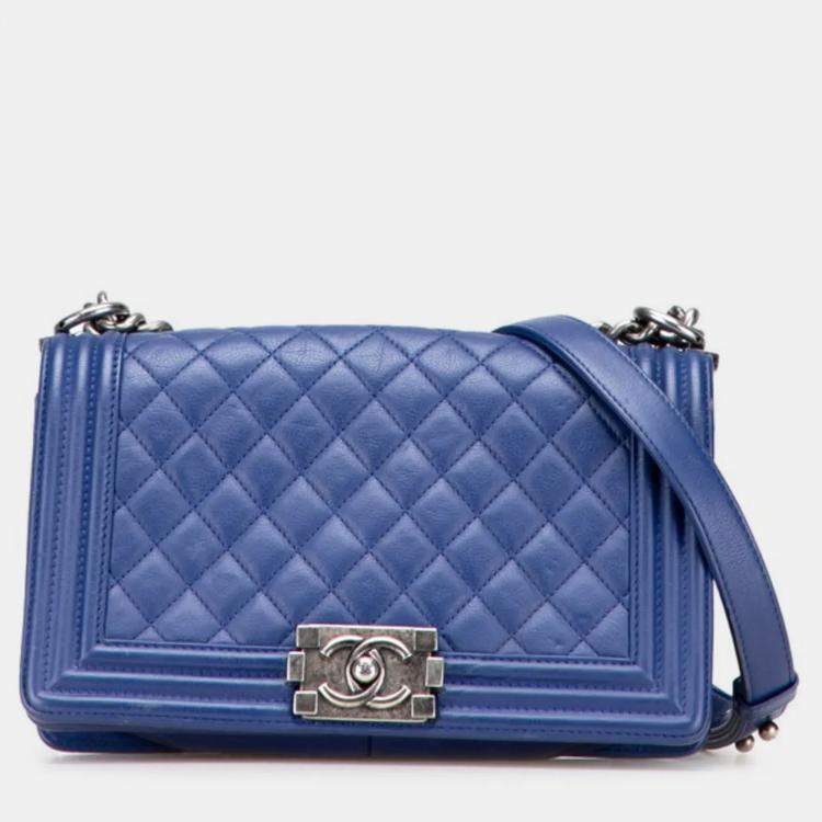 Pre Owned Chanel Boy Blue Lambskin Chain Shoulder Bag