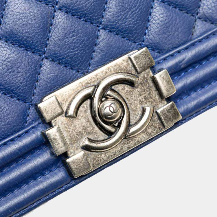 Pre Owned Chanel Boy Blue Lambskin Chain Shoulder Bag