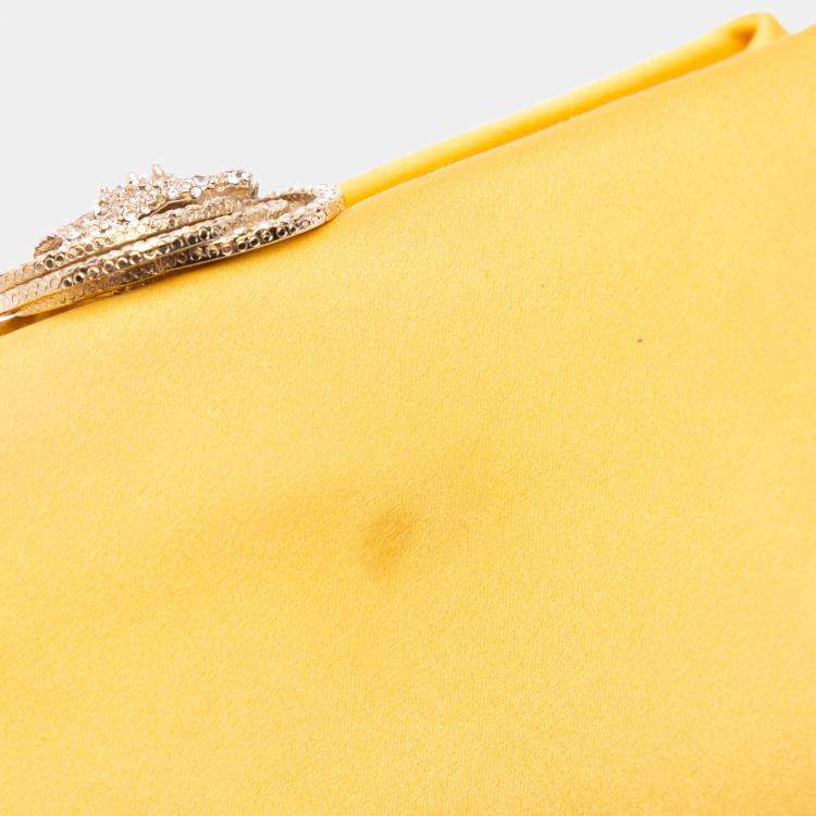 Pre Owned Chanel Yellow Satin Crystal Camellia Evening Frame Clutch