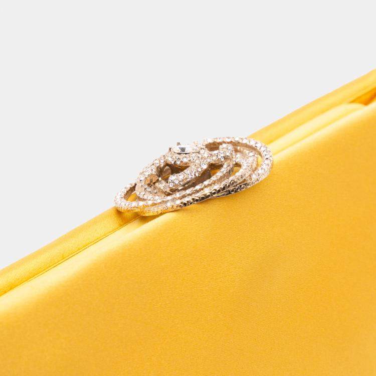 Pre Owned Chanel Yellow Satin Crystal Camellia Evening Frame Clutch