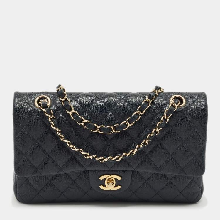 Pre Owned Chanel Navy Blue Quilted Caviar Leather Medium Classic Double Flap Bag