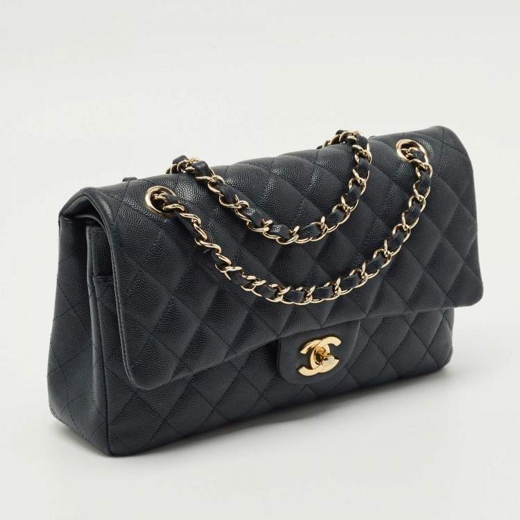 Pre Owned Chanel Navy Blue Quilted Caviar Leather Medium Classic Double Flap Bag