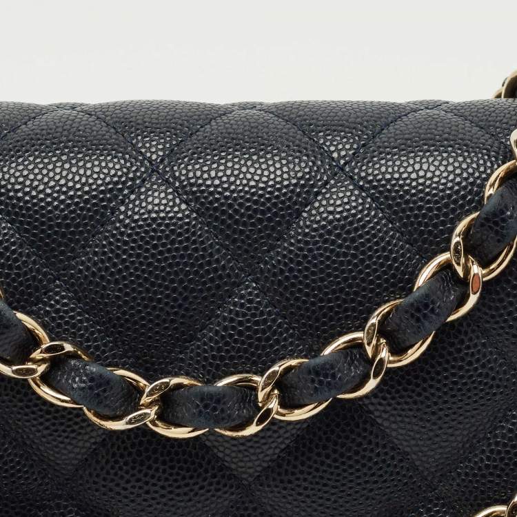 Pre Owned Chanel Navy Blue Quilted Caviar Leather Medium Classic Double Flap Bag