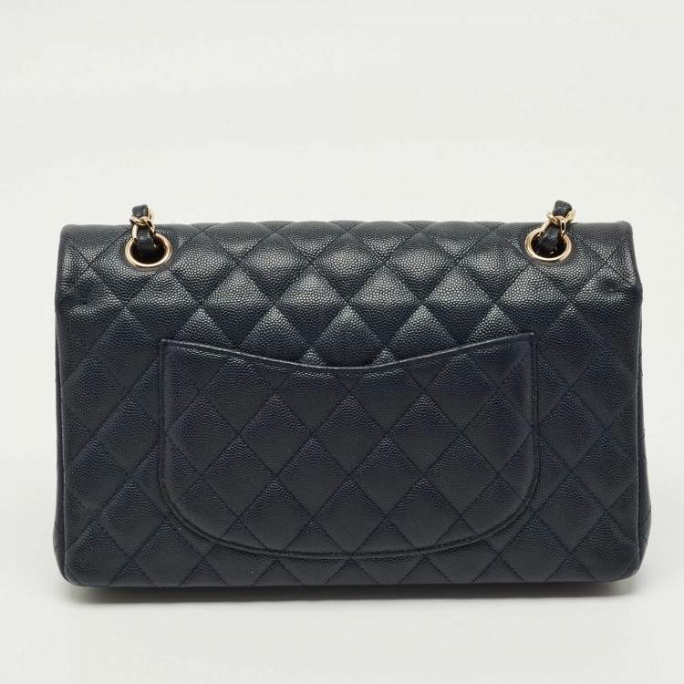 Pre Owned Chanel Navy Blue Quilted Caviar Leather Medium Classic Double Flap Bag