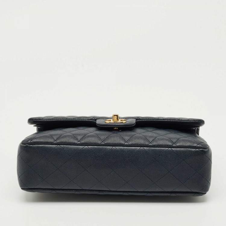 Pre Owned Chanel Navy Blue Quilted Caviar Leather Medium Classic Double Flap Bag