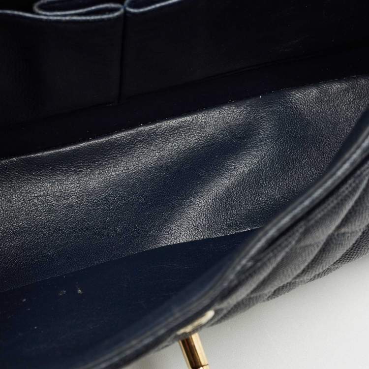 Pre Owned Chanel Navy Blue Quilted Caviar Leather Medium Classic Double Flap Bag