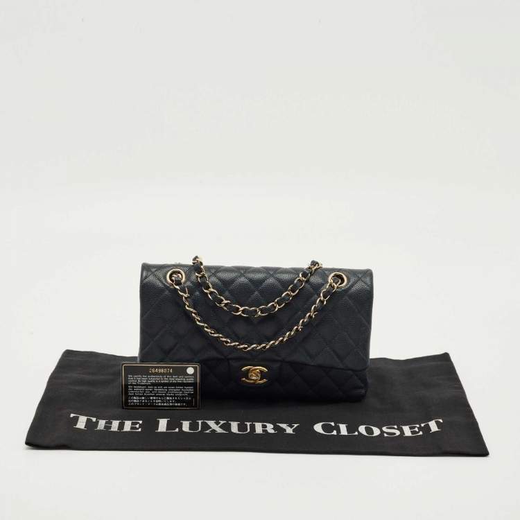 Pre Owned Chanel Navy Blue Quilted Caviar Leather Medium Classic Double Flap Bag