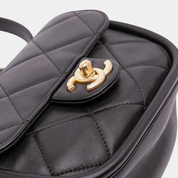 Pre Owned Chanel Black Mini CC Quilted Calfskin Round Moon Messenger Flap Bag